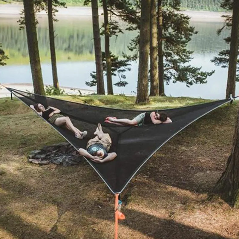 Black aerial hammock by the lake