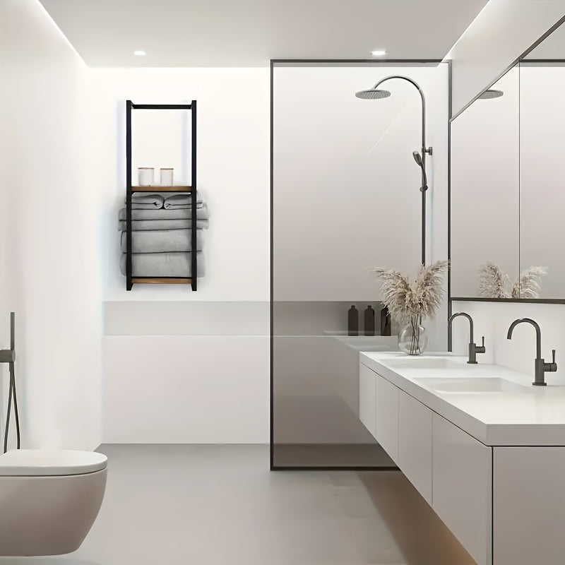 Towel rack styled in a bright bathroom