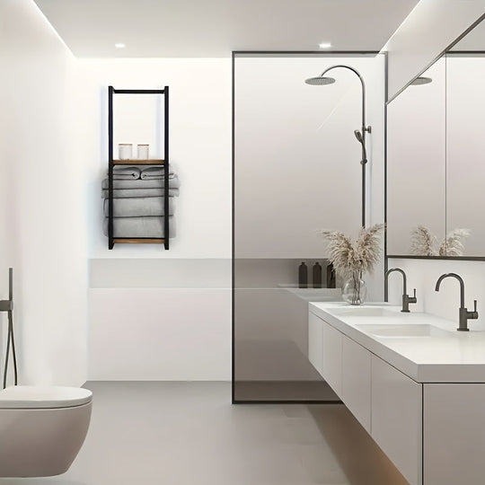 Towel rack styled in a bright bathroom