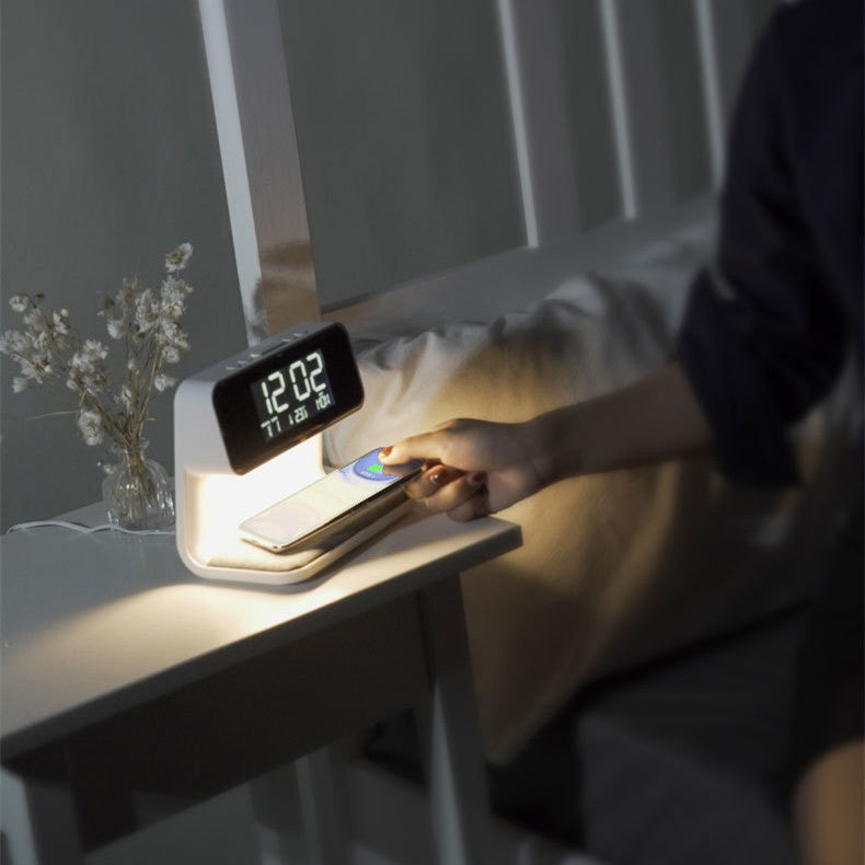 Modern 3-in-1 Bedside Lamp with Wireless Charger and Alarm Clock