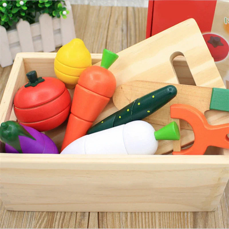 Wooden cutting fruit and vegetable toy set in crate