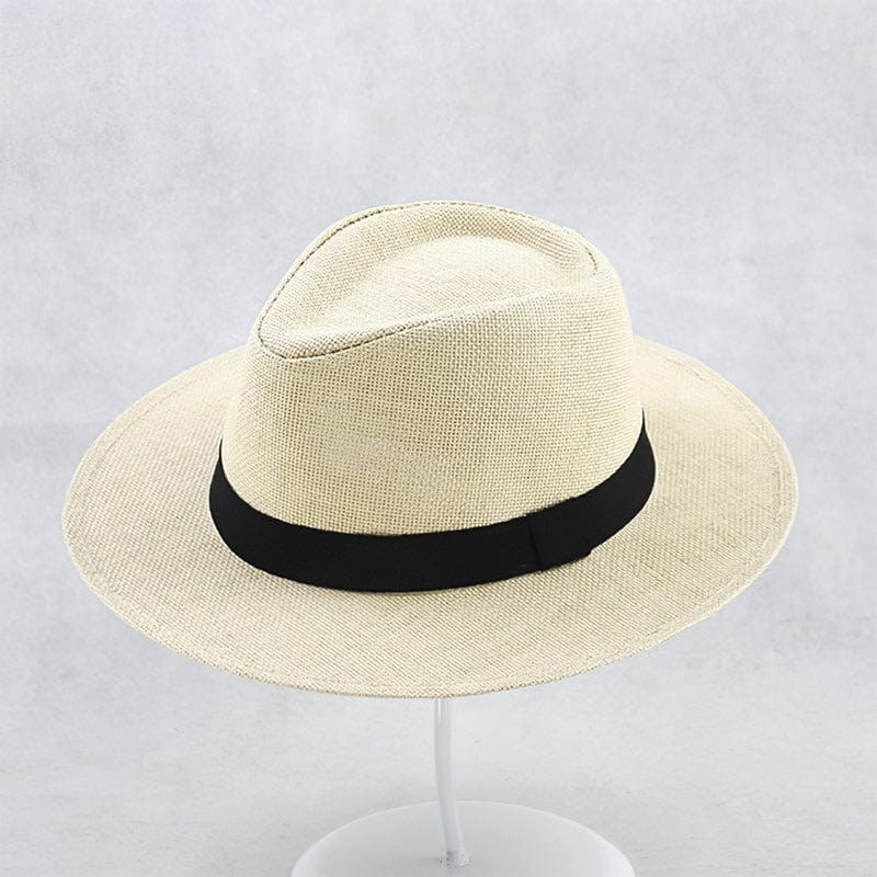 Beige straw panama hat with black band