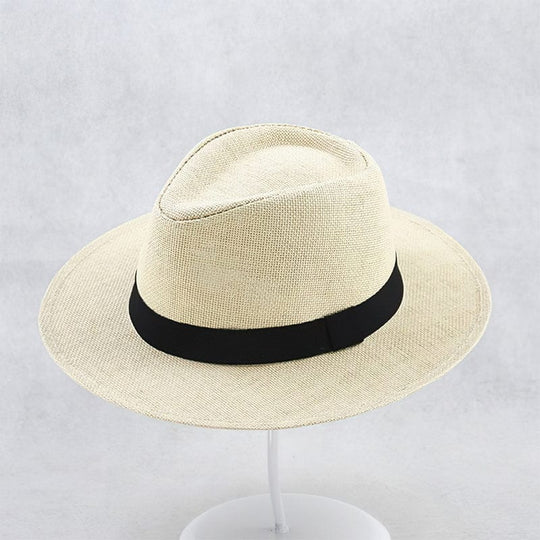 Beige straw panama hat with black band