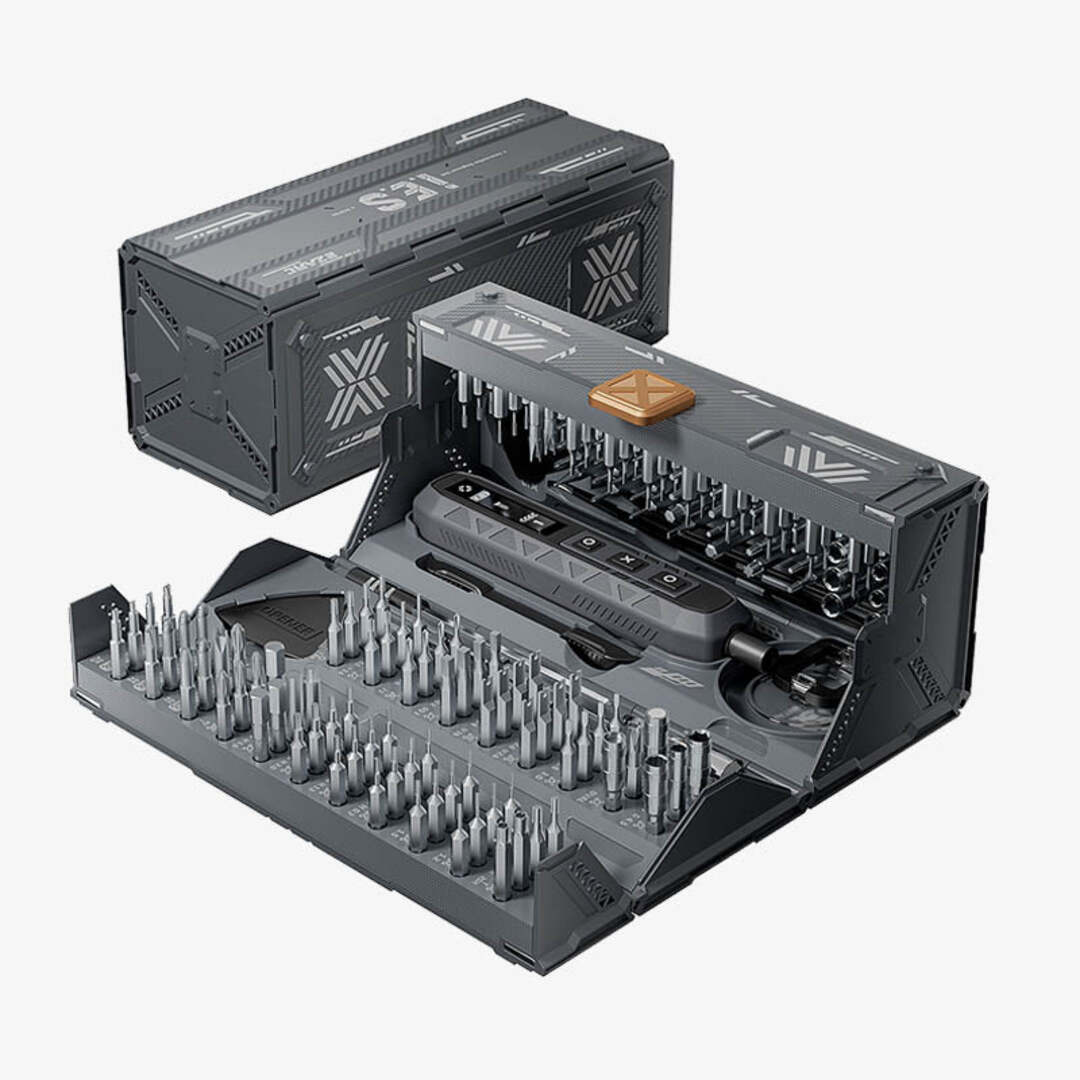 Gray 181-piece electric screwdriver set in storage case