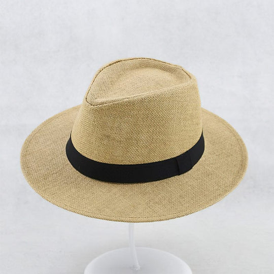 Khaki straw panama hat with black band