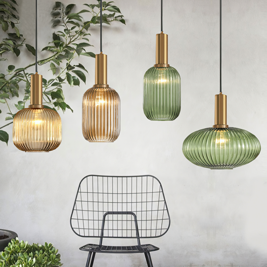 Ribbed Glass Globe Pendant Lights for Kitchen and Dining