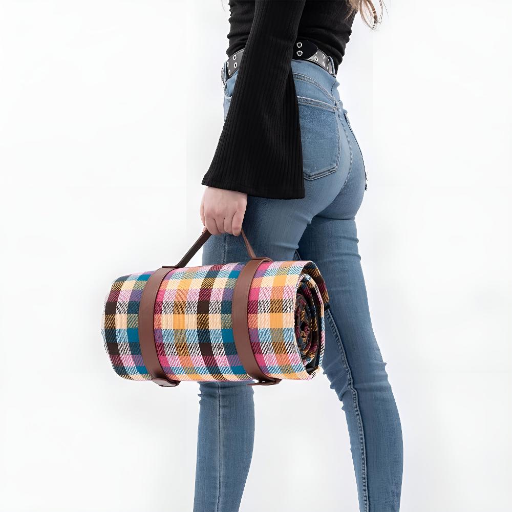 Rainbow plaid picnic blanket rolled with carry strap