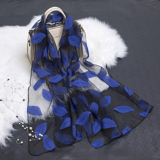 Elegant Hollow Floral Organza Silk Scarf for Women