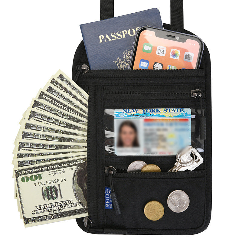 Black RFID neck wallet holding passport phone and cash