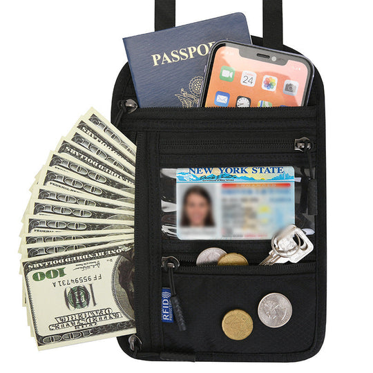 Black RFID neck wallet holding passport phone and cash