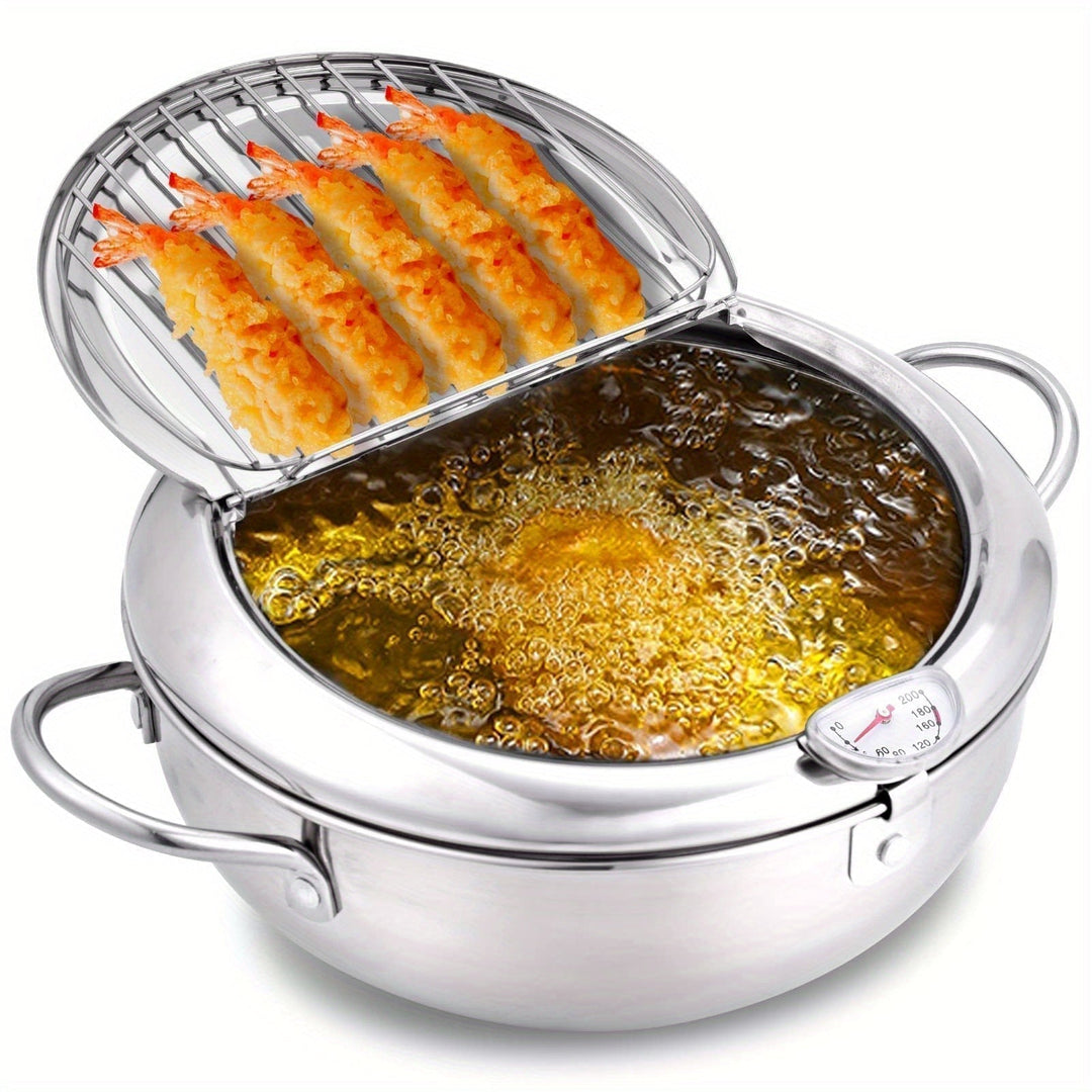Stainless steel tempura deep fryer pot with food