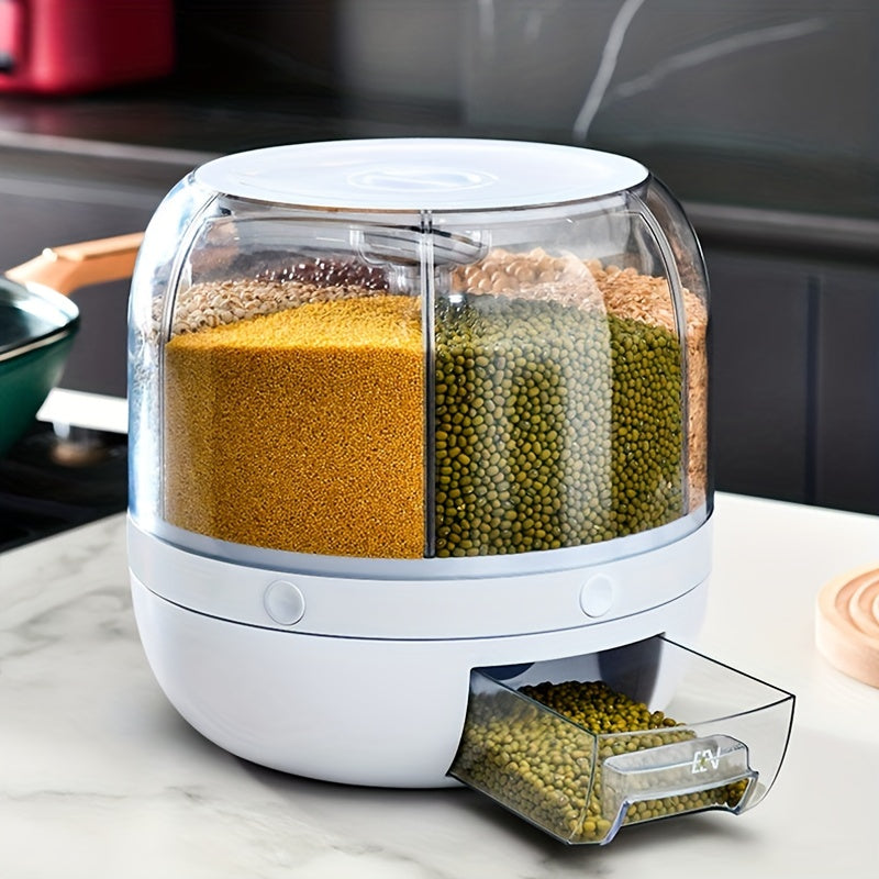 White rotating grain dispenser on kitchen counter
