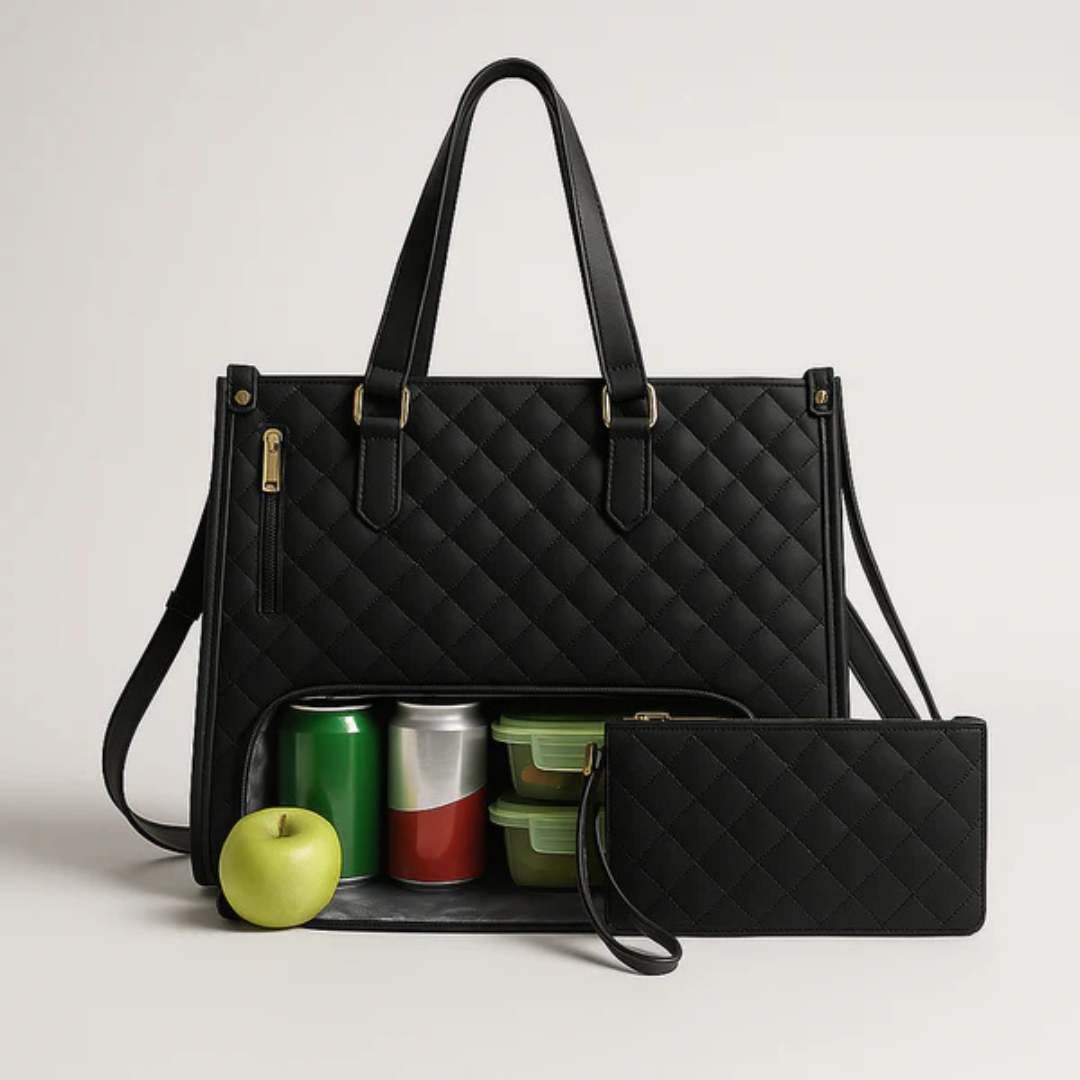 Quilted Faux-Leather Work Tote Bag with Insulated Compartment and Clutch