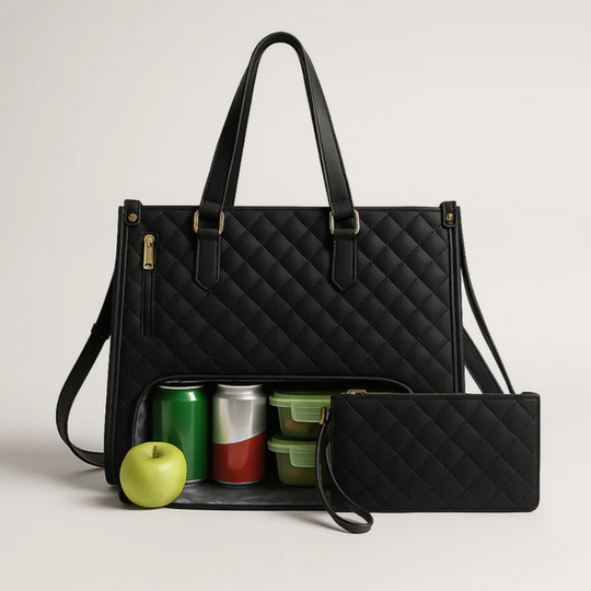 Quilted Faux-Leather Work Tote Bag with Insulated Compartment and Clutch