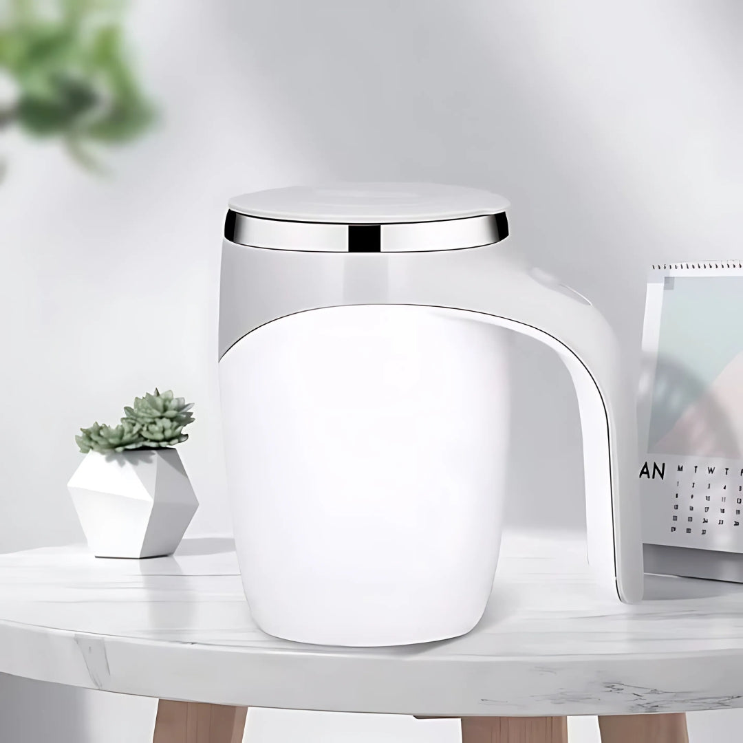 Pearl white self stirring mug