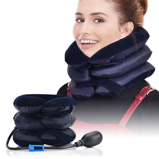 Woman wearing a blue inflatable cervical neck stretcher