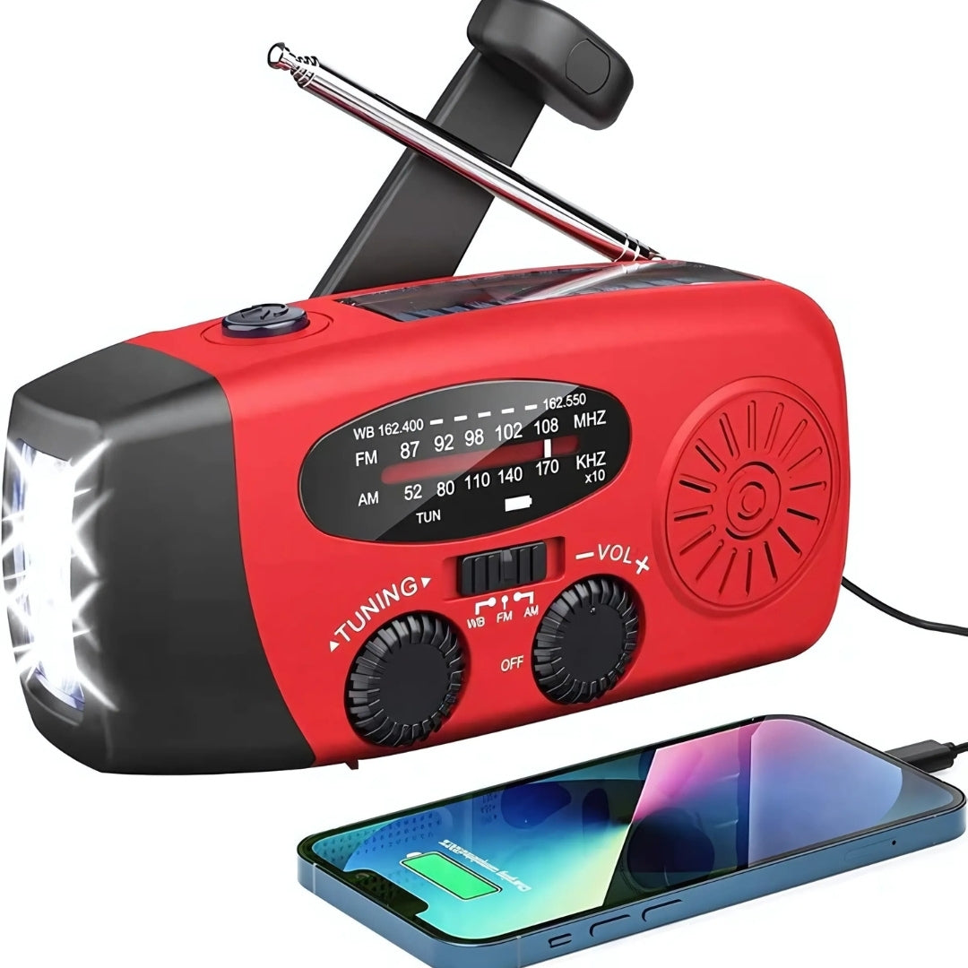 Red solar hand-crank emergency radio with power bank and flashlight