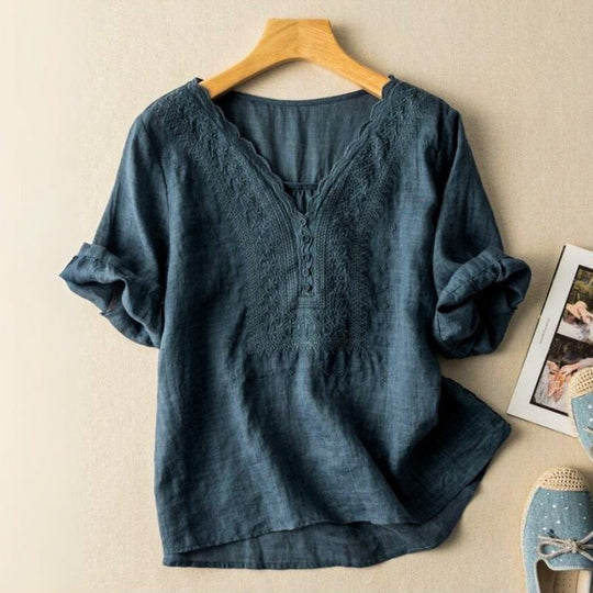 Embroidered Cotton Linen V Neck Blouse for Everyday Wear
