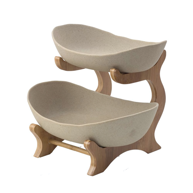 Tiered Plastic Fruit Bowl with Wooden Stand for Kitchen Counter and Dining