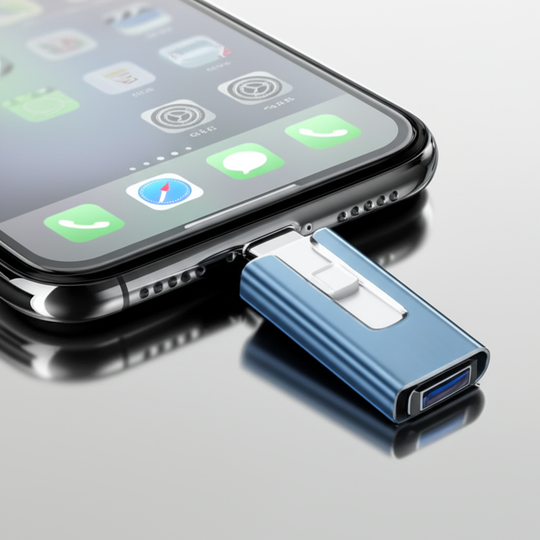 Blue dual-connector flash drive plugged into phone