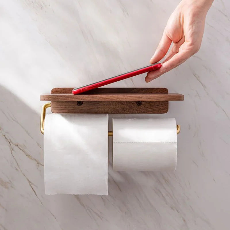 Walnut Wood and Brass Toilet Roll Holder with Shelf for Bathroom