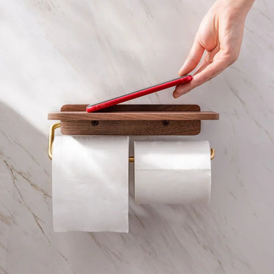 Walnut Wood and Brass Toilet Roll Holder with Shelf for Bathroom