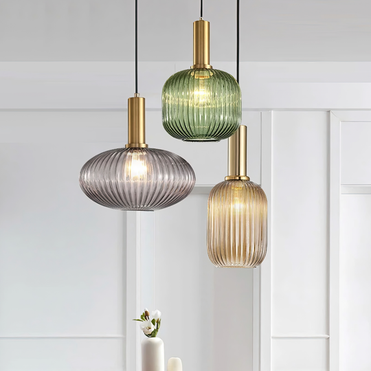 Ribbed Glass Globe Pendant Lights for Kitchen and Dining