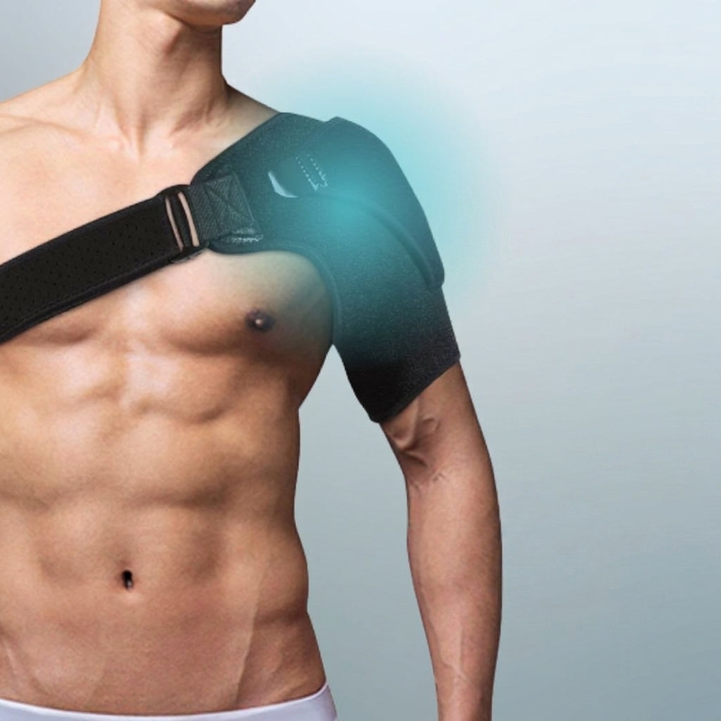 Man wearing an adjustable black shoulder brace