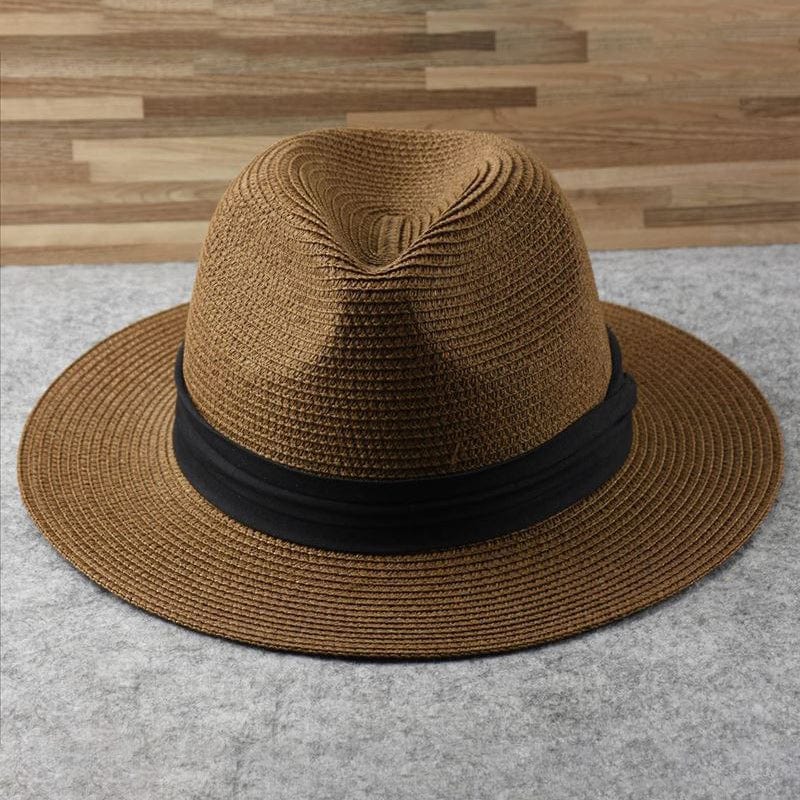 Top view of a brown straw panama hat