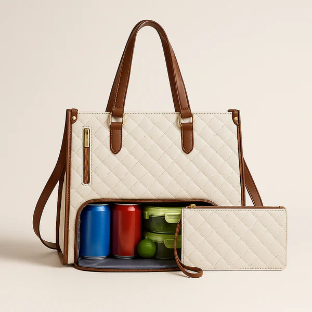 Quilted Faux-Leather Work Tote Bag with Insulated Compartment and Clutch