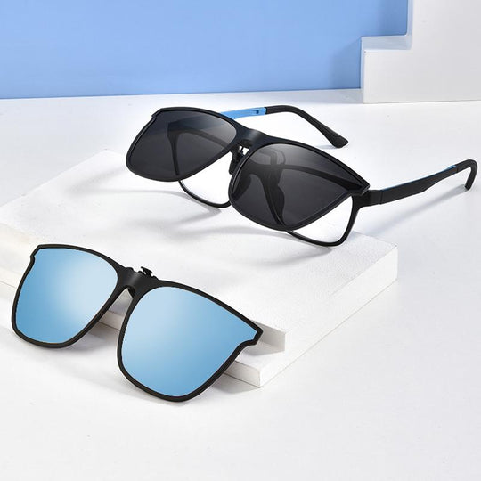 Blue lens clip-on on black frame