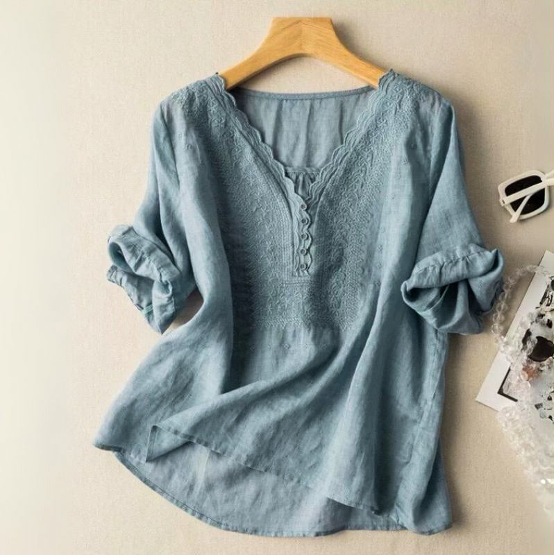 Embroidered Cotton Linen V Neck Blouse for Everyday Wear