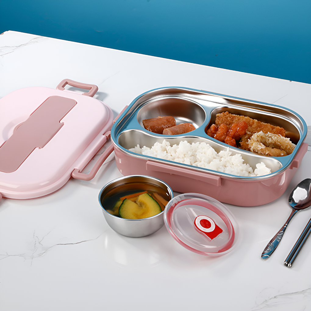 Pink insulated lunch box with meal