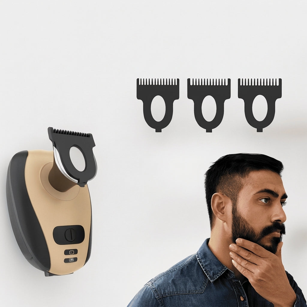 Man using the electric grooming razor with combs