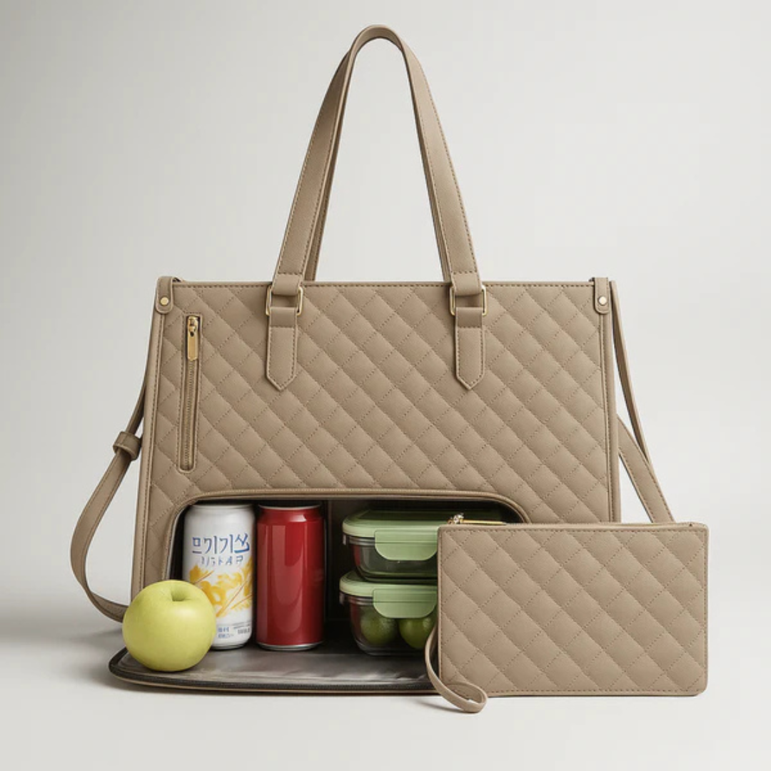 Quilted Faux-Leather Work Tote Bag with Insulated Compartment and Clutch