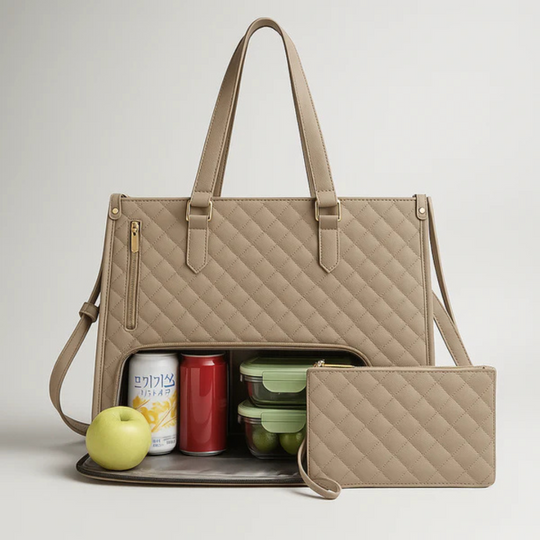 Quilted Faux-Leather Work Tote Bag with Insulated Compartment and Clutch