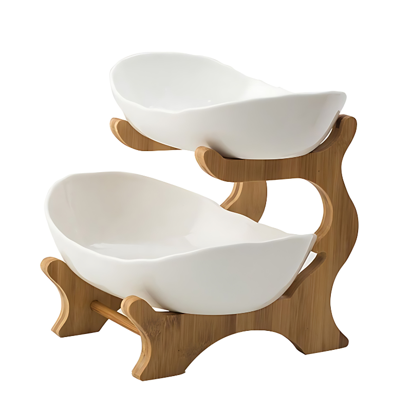Tiered Plastic Fruit Bowl with Wooden Stand for Kitchen Counter and Dining