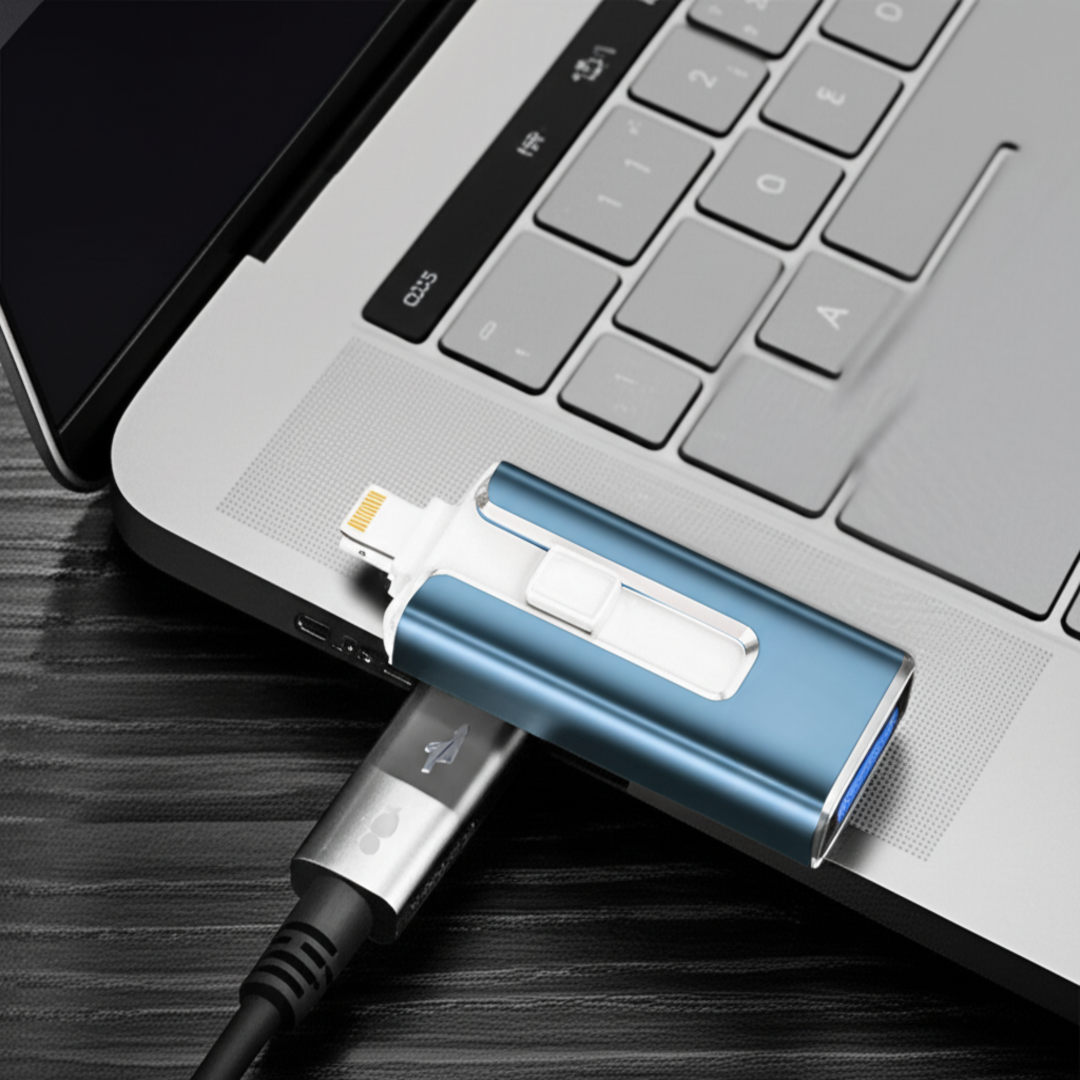 Blue flash drive in hand