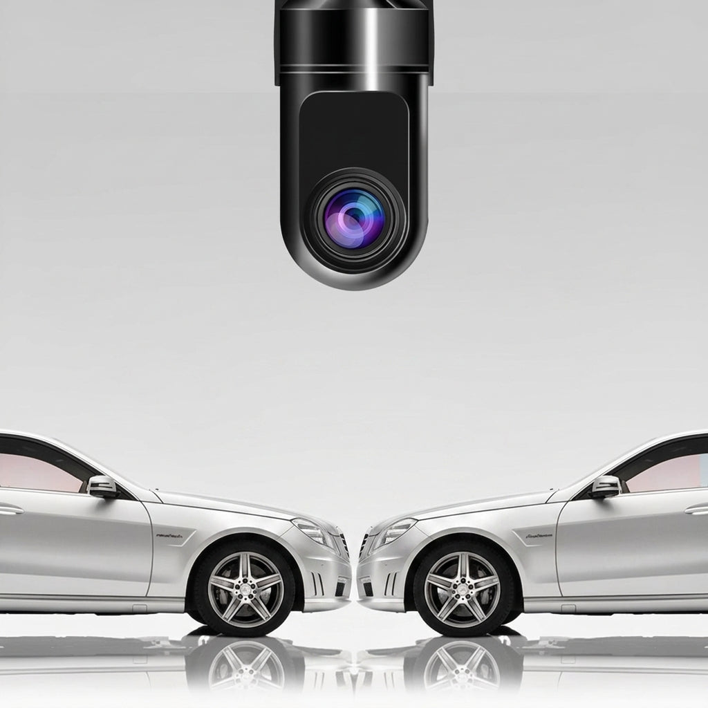 Dash cam lens above two parked cars