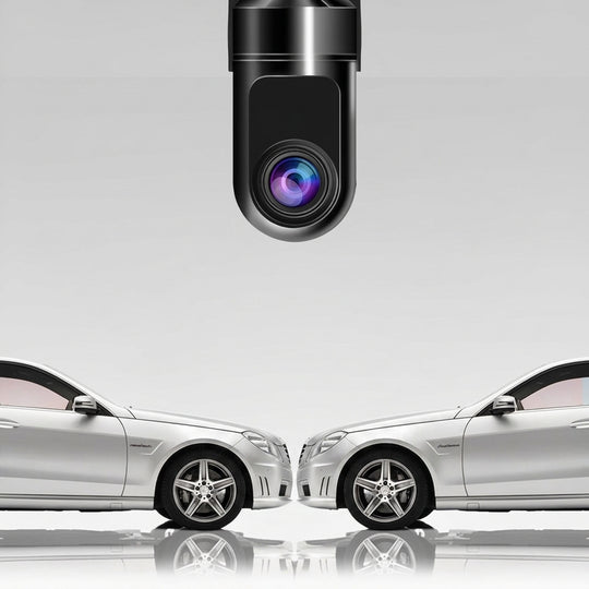 Dash cam lens above two parked cars