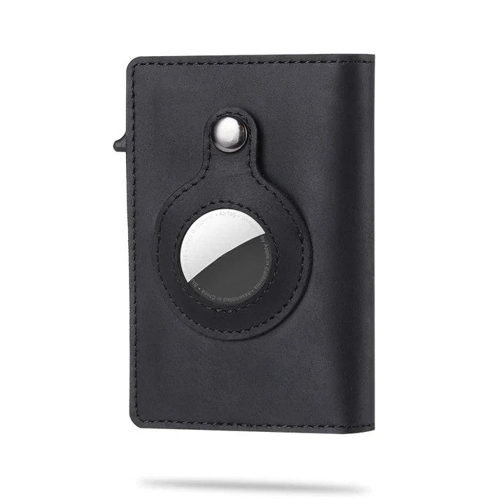 Black leather AirTag card wallet