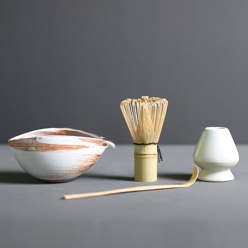 Traditional Ceramic Matcha Tea Set with Bamboo Whisk for Home Brewing