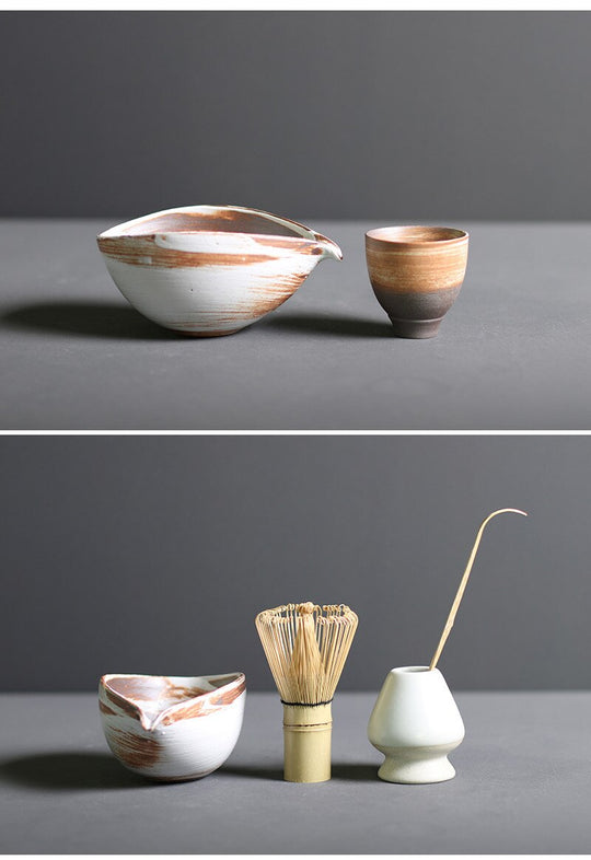 Traditional Ceramic Matcha Tea Set with Bamboo Whisk for Home Brewing