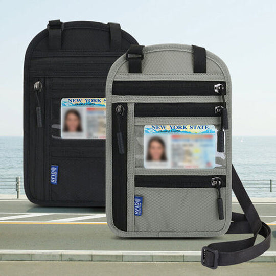 Black and grey RFID neck wallets