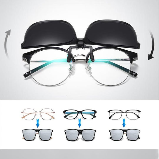 Clip-on sunglasses on prescription glasses