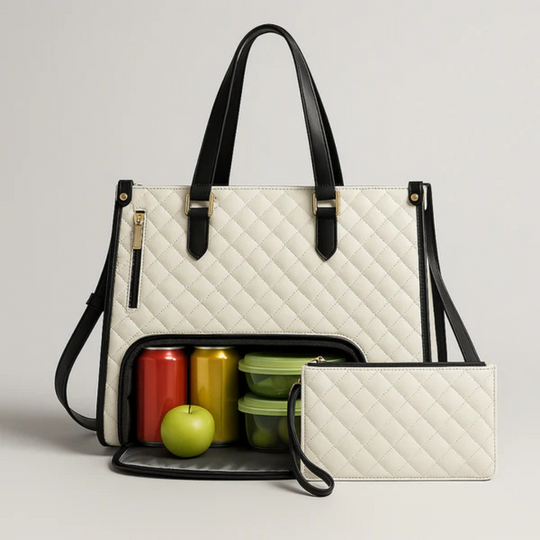Quilted Faux-Leather Work Tote Bag with Insulated Compartment and Clutch
