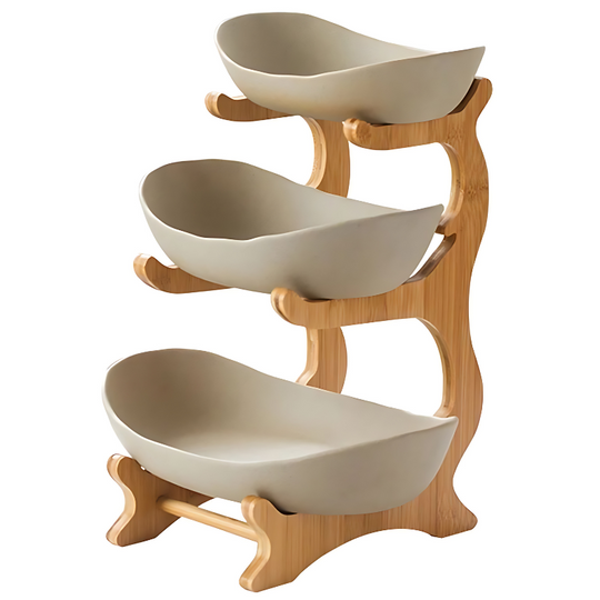 Tiered Plastic Fruit Bowl with Wooden Stand for Kitchen Counter and Dining