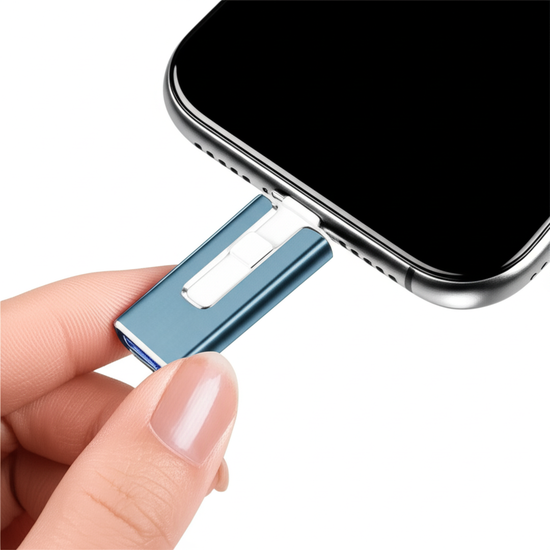 Blue flash drive on laptop