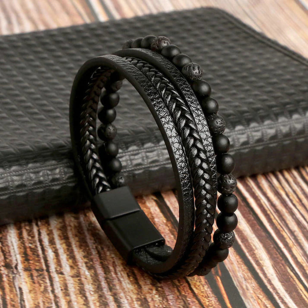 Black leather bracelet with stone beads