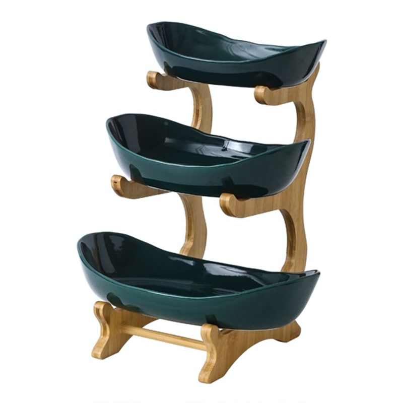 Tiered Plastic Fruit Bowl with Wooden Stand for Kitchen Counter and Dining